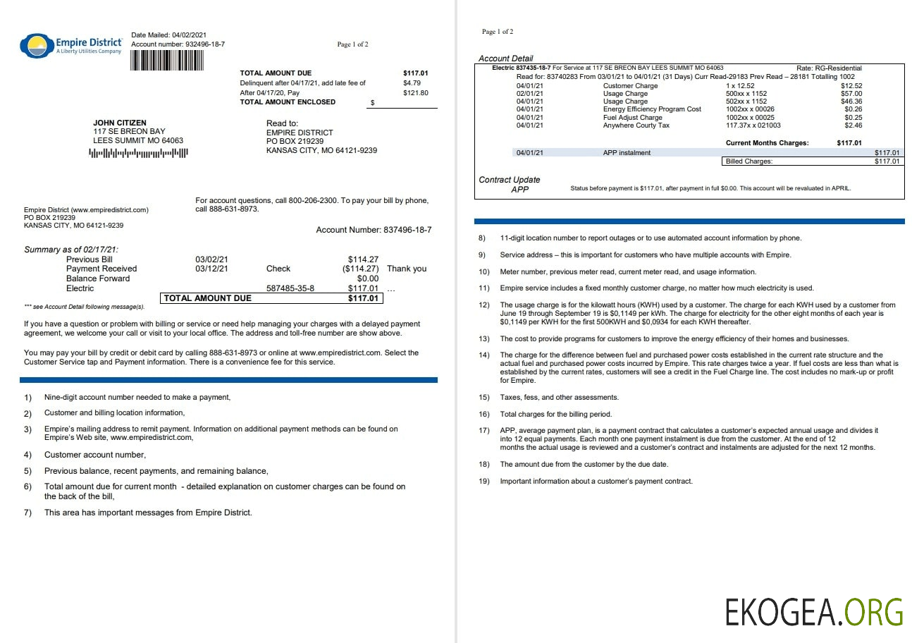 USA Empire District Electric Company utility bill template in Word and PDF format (2 pages)